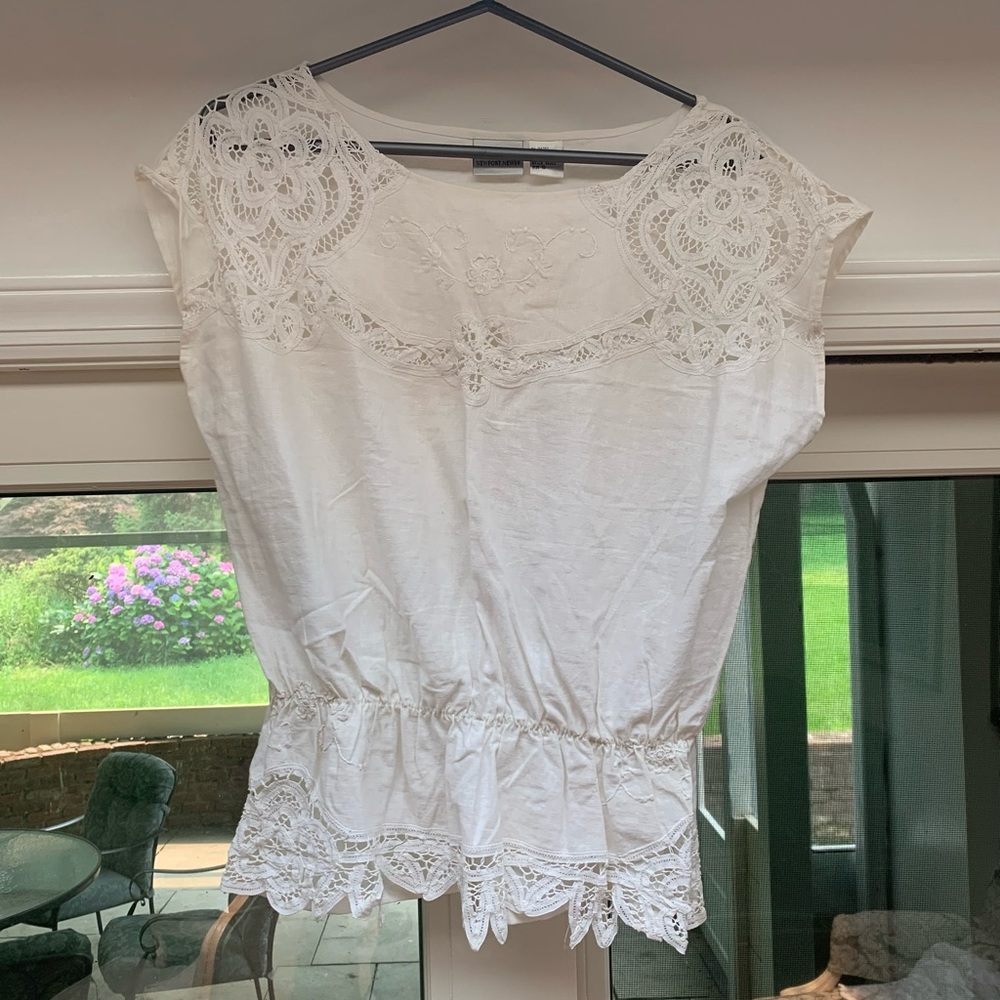 White cotton and linen eyelet top